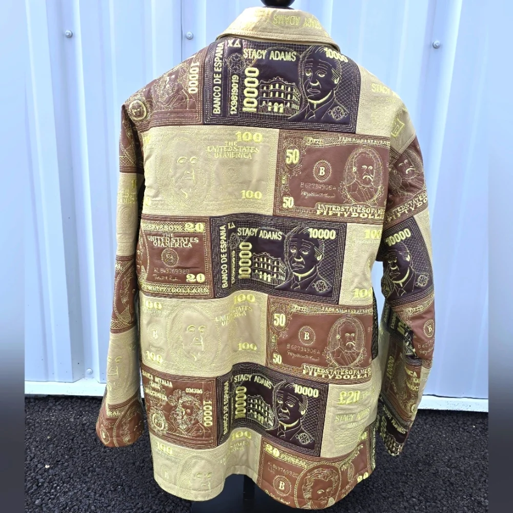 Insane LEATHER money Pattern Mens Coat Jacket Oversized Hip Hop 90s Y2k Size 4XL